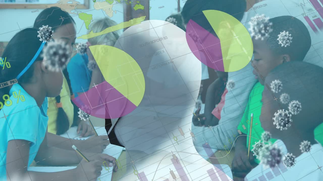 코로나바이러스 세포가 그래프와 차트와 함께 학교 아이들의 수를  ⁇ 고 퍼지고 있습니다.