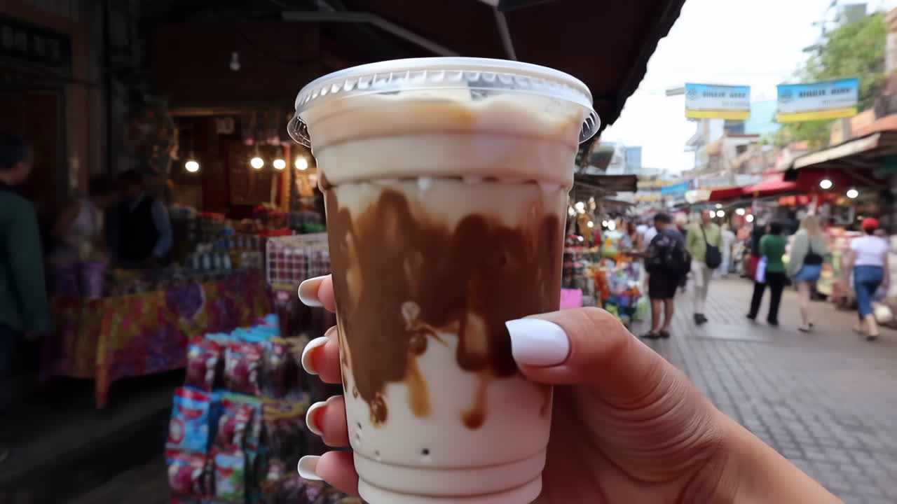 Enjoying a Refreshing Drink in a Lively Outdoor Market