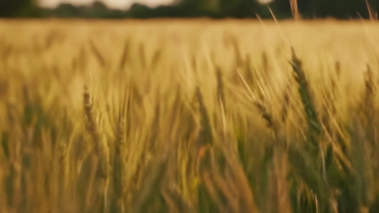Golden wheat fields sway gently in the breeze during a tranquil evening at sunset