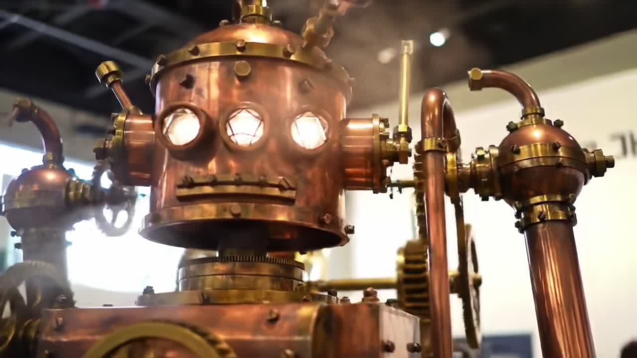 Intricate Steampunk Robot Design Showcasing Metallic Craftsmanship and Vintage Aesthetic in a Captivating Exhibition of Innovative Robotics