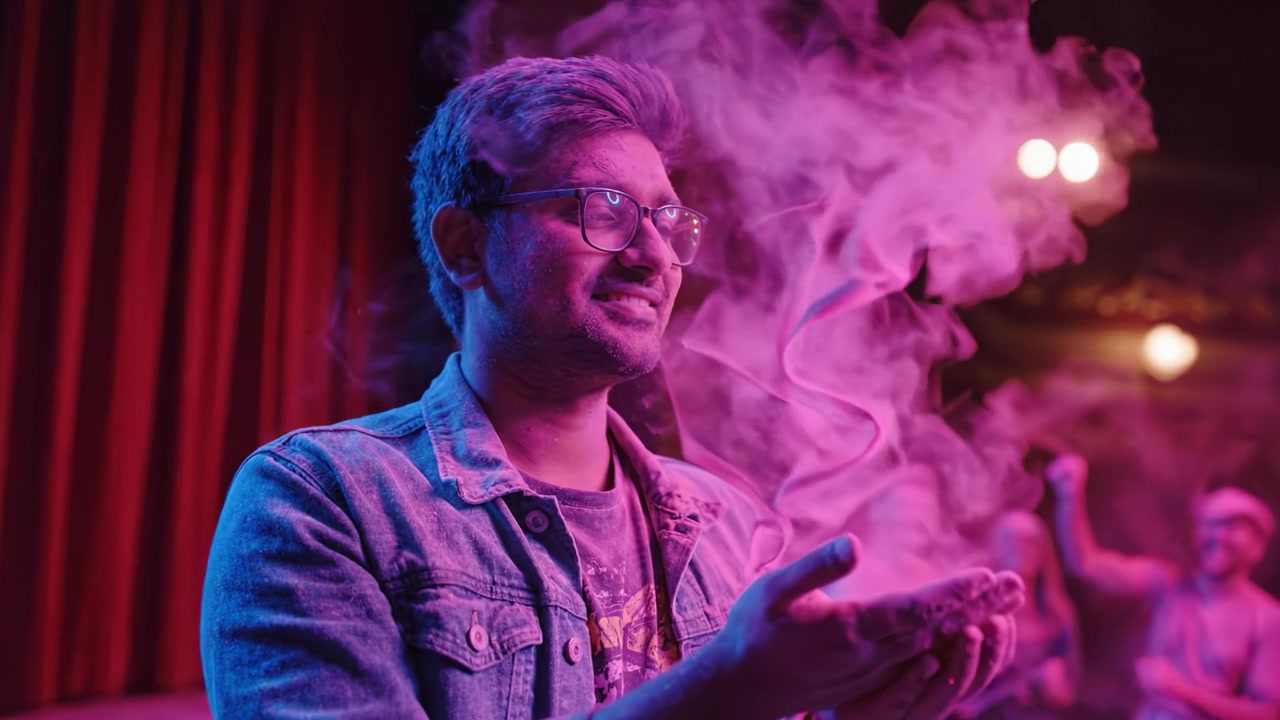 A performer takes center stage, engaging the audience with a captivating gesture amidst a vibrant atmosphere filled with color and emotion in the theater.