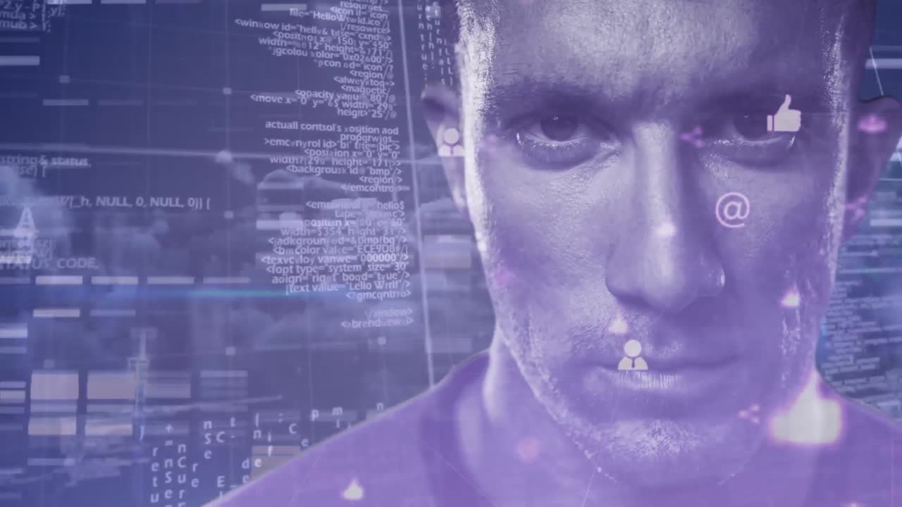 Animation of man's face against network of connections with icons and data processing