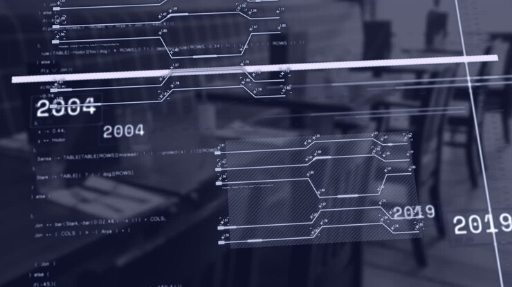 Animation of changing numbers, circuit board patterns, computer language over empty office