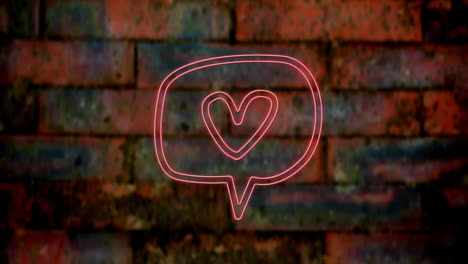 animación de un corazón de neón rosa en una burbuja de habla, en una pared de ladrillo