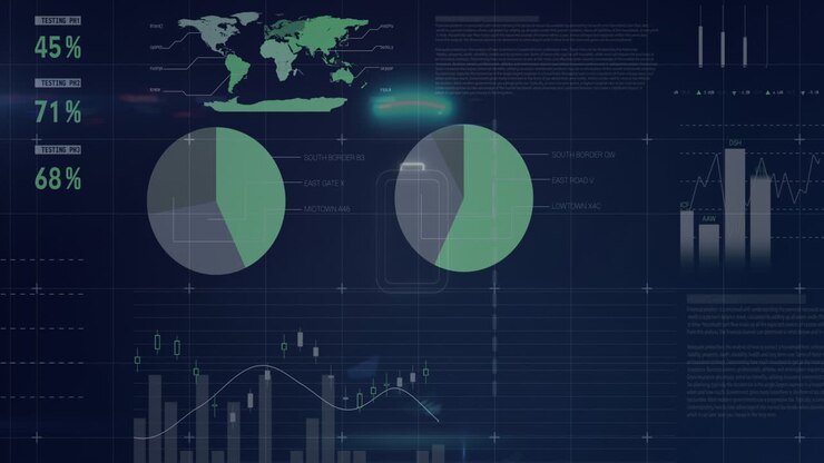 Animation of battery icon over neon round shape over statistical data processing on blue background