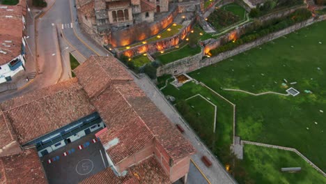 tilt-up reveal of coricancha, known as temple of the sun in cusco, peru