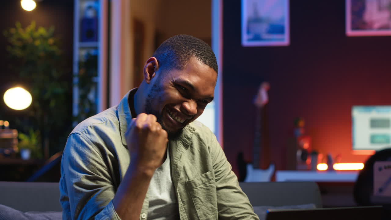Vertical Video African american person being happy and proud with his project achievement