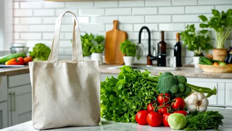 una bolsa de comestibles sentada en la parte superior de un mostrador junto a un montón de verduras