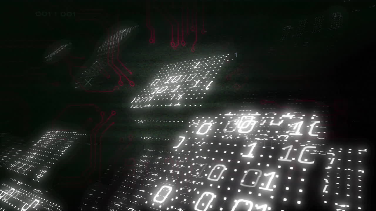 Binary code and circuit board animation over dark background