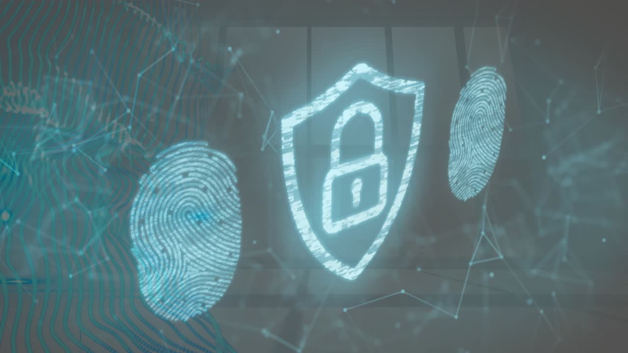 Animation of digital padlock, biometric fingerprints and data processing