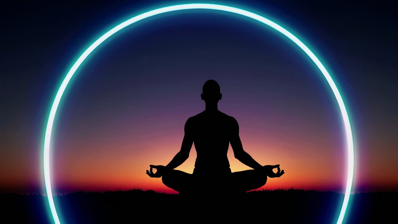 silueta de una persona meditando en un círculo de neón al atardecer