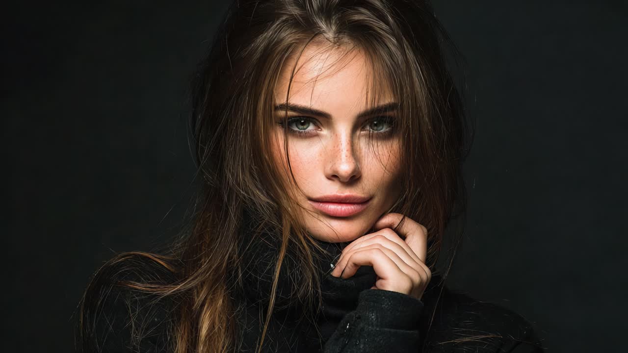 A Captivating Portrait of a Young Woman with Long Hair and Striking Features, Exuding Confidence and Charm Against a Dark Background