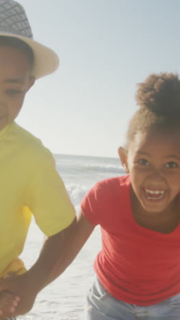 portrait of smiling senior african american couple running with grandchildren on sunny beach