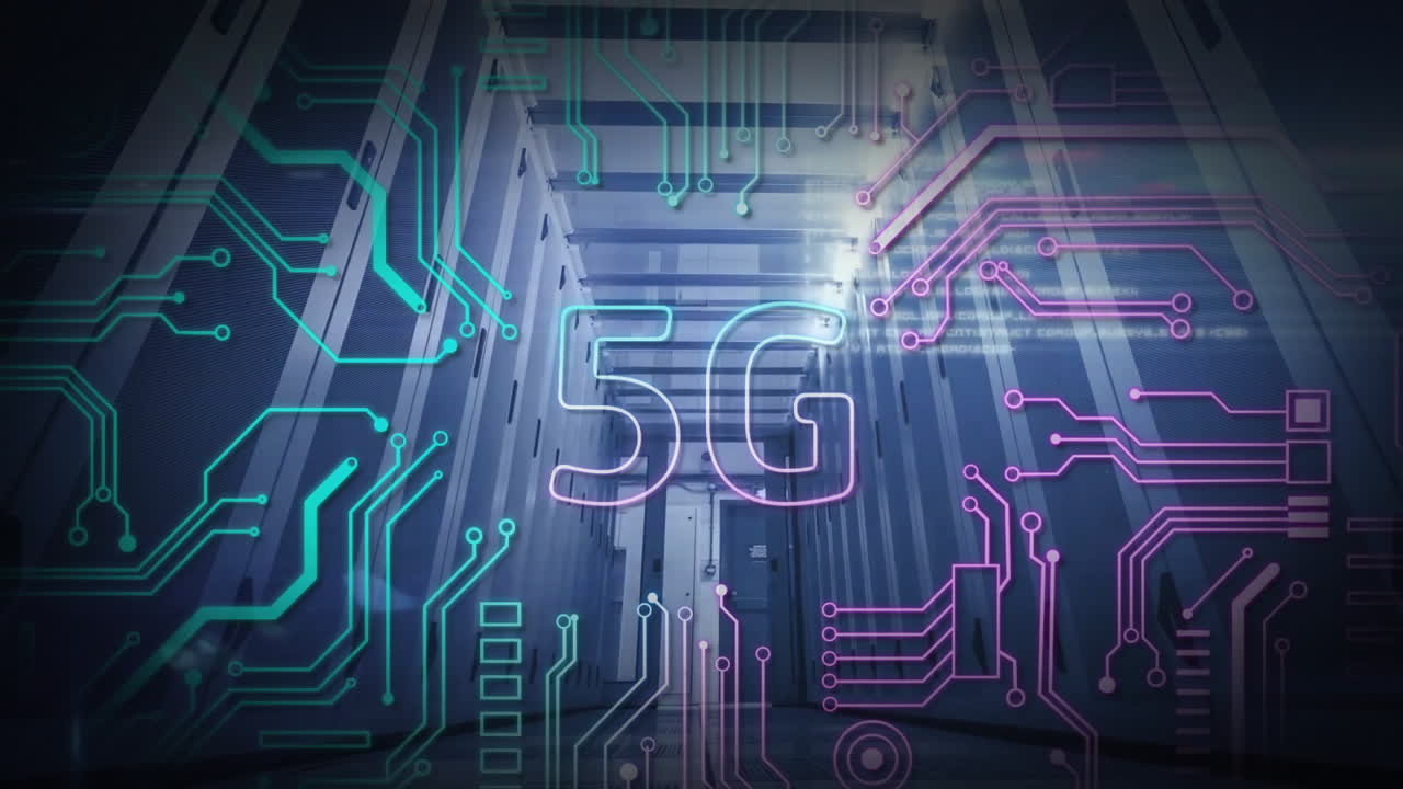 animación de texto 5g y procesamiento de datos digitales a través de servidores informáticos