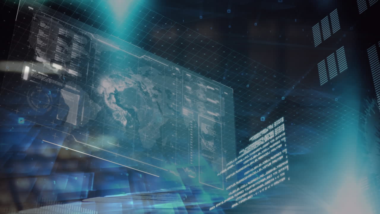Animation of interface with data processing and light spots against blue background