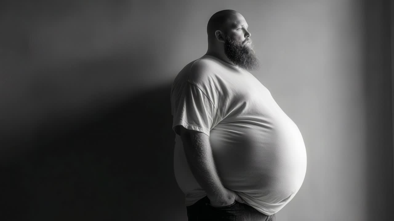 A Portrait Series Capturing a Moment of Reflection: A Man with a Distinctive Physique Embracing his Identity in a Shadowy, Minimalistic Environment