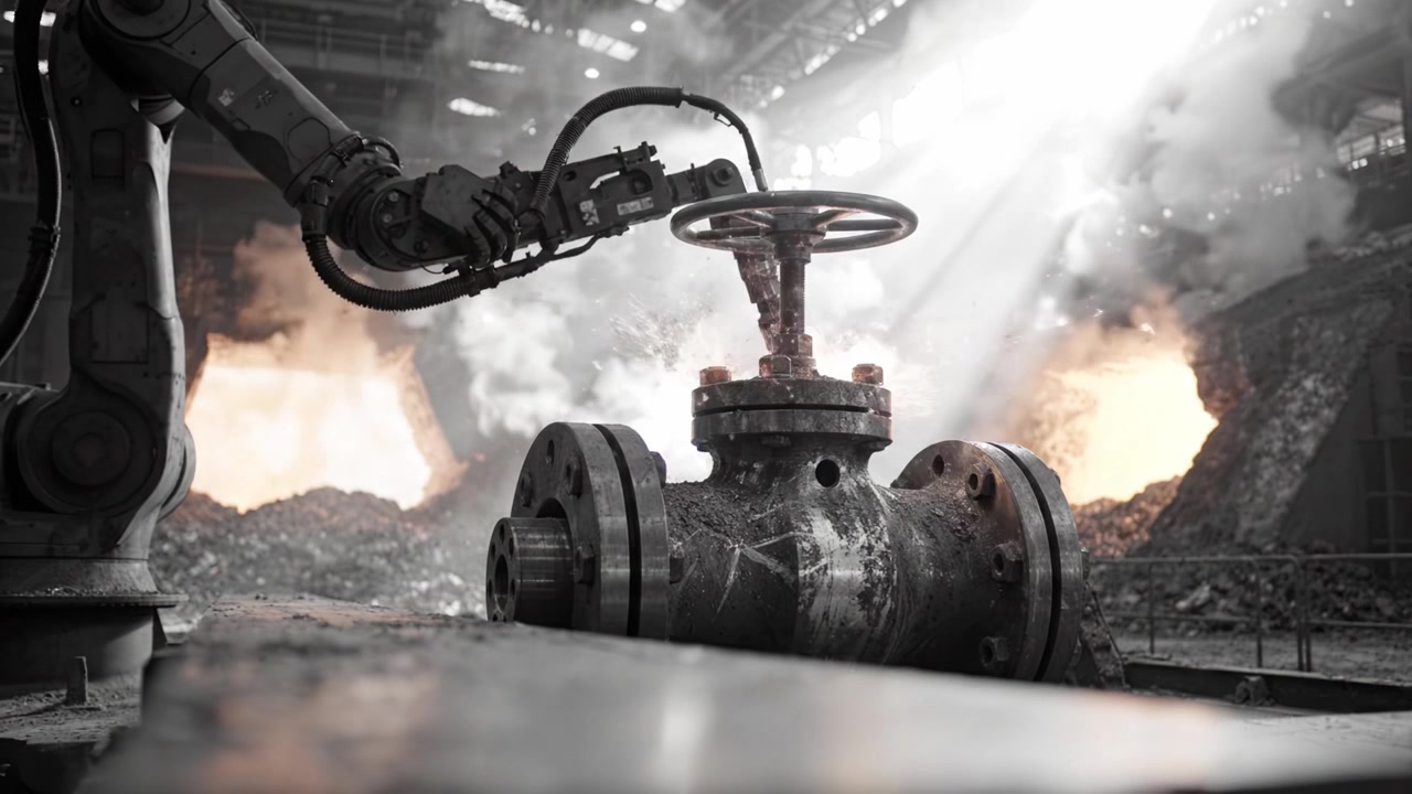Automazione industriale in azione: Un braccio robotico manipola una valvola su uno sfondo di metallo fuso incandescente in un moderno impianto di produzione