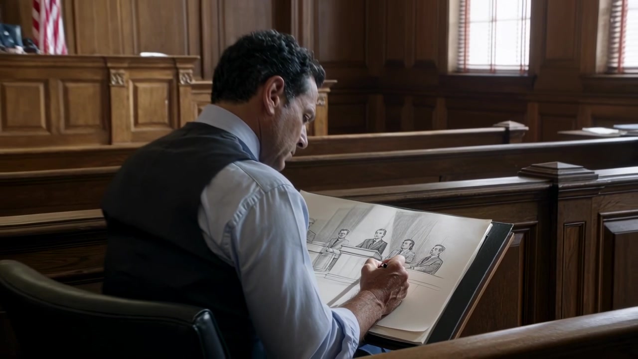 Artista forense che disegna e documenta il pannello su un blocco mentre il giudice è seduto, con camicia chiara e gilet scuro, spazio per il testo.