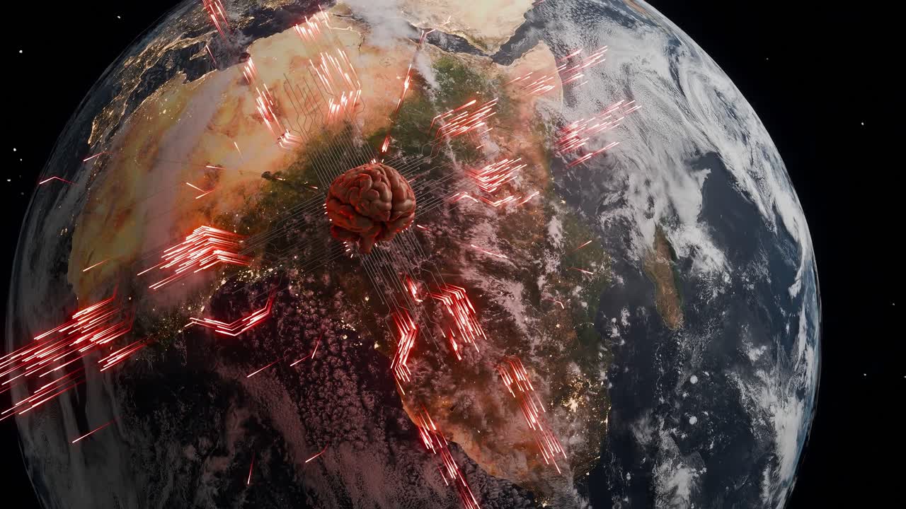 Planet Earth showing Africa from space with human brain and red digital network lines. Artificial intelligence and technological evolution concept for poster and wallpaper. vertical