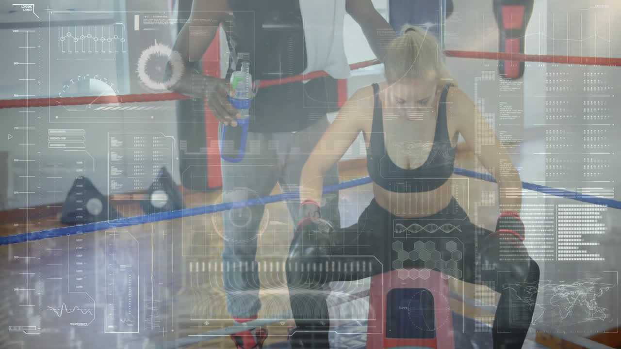 Female boxer leaning on ring ropes in fitness gym, showing animated heart rate graph