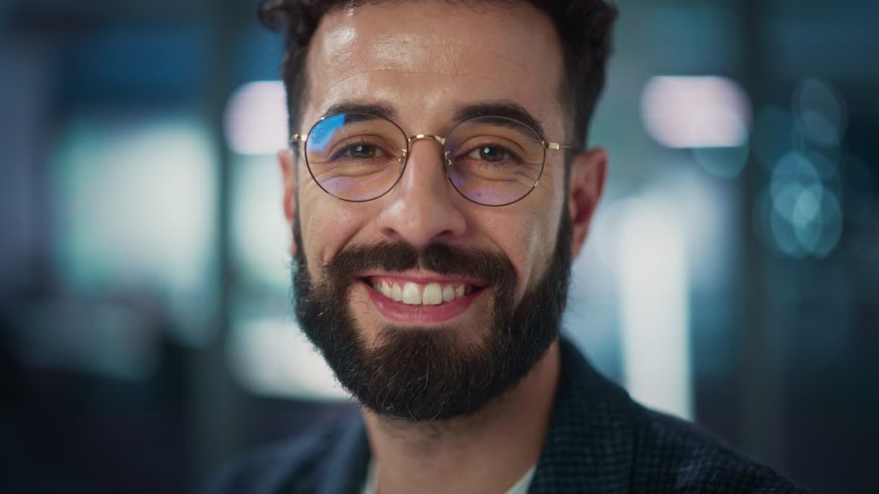 retrato de un hombre guapo con ojos marrones profundos, con gafas elegantes. muestra una sonrisa cálida, amable y encantadora. un caballero moderno atractivo mira a la cámara. fondo bokeh en primer plano