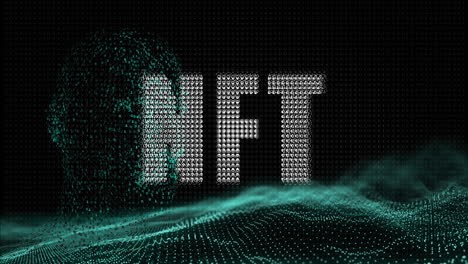 animación de texto nft sobre puntos que forman cara humana y ondas contra un fondo negro.