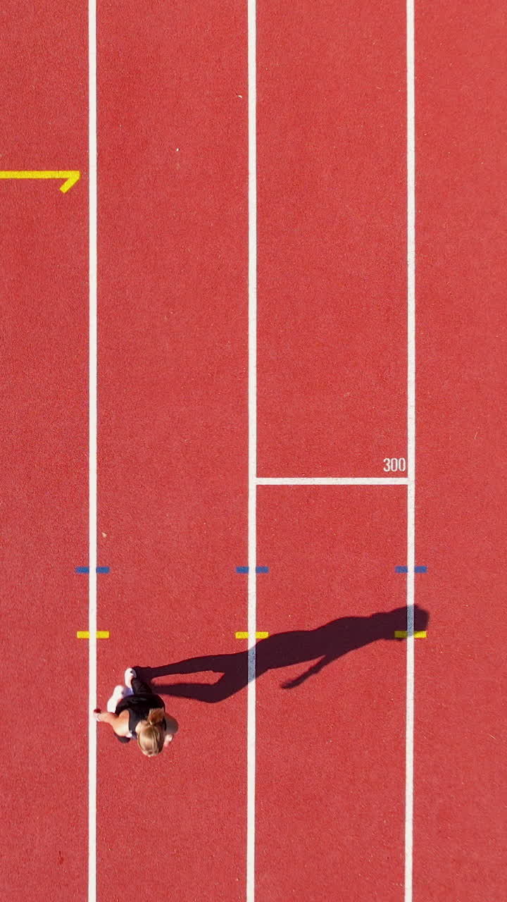 Un'inquadratura verticale con drone dall'alto di una giovane donna che scatta su una pista di atletica rossa in uno stadio, ideale per contenuti di fitness e sport sui social media