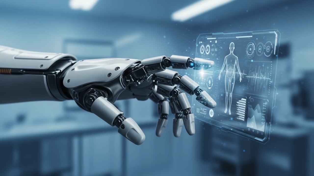 Exploring Advanced Robotic Interfaces: A Futuristic Medical Display Manipulated by a Robotic Hand in a High-Tech Laboratory Setting