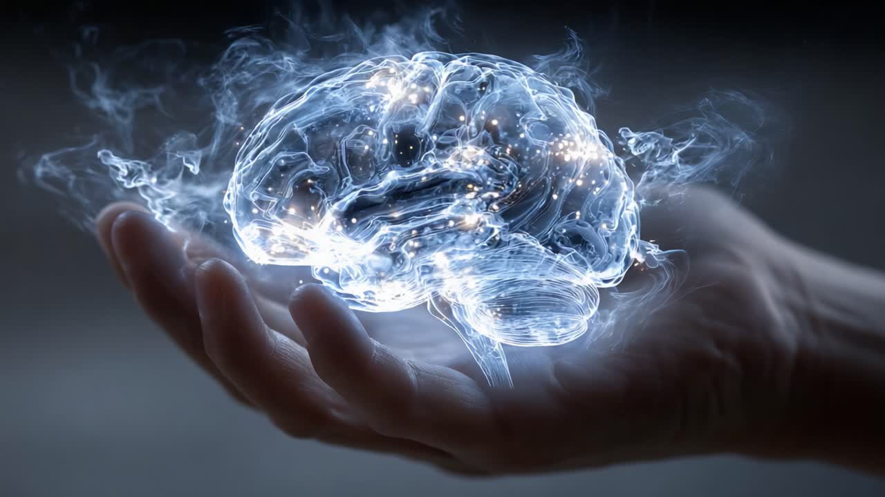 A Glowing Brain in a Hand: The Intersection of Technology and Mindfulness, Highlighting the Fusion of Science and Art in Cognitive Awareness and Human Potential