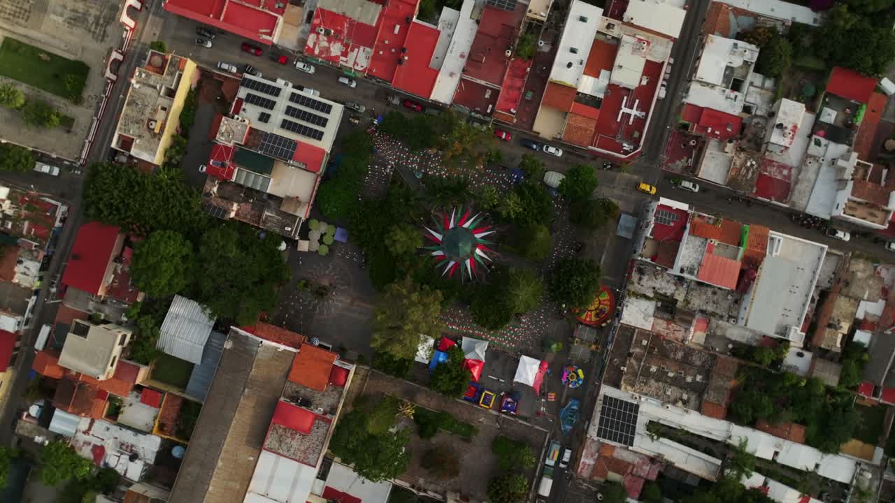 Top Down View Of Ajijic Main Square In Jalisco, Mexico. Drone Ascending Orbit, Top-Down view