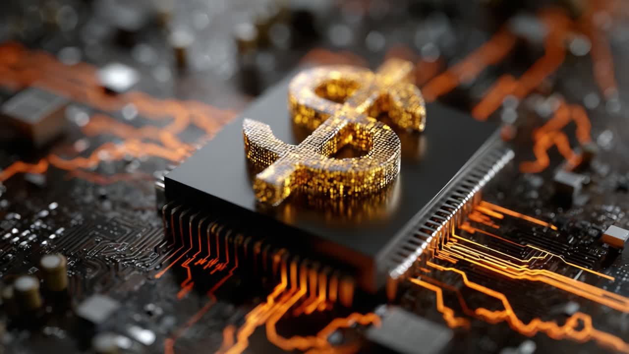 A Close-Up Look at the Fusion of Technology and Finance: A Golden Dollar Symbol Positioned on a Microchip with Intricate Circuitry Details