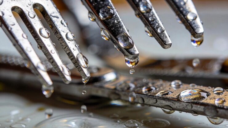 Dripping polished forks releasing droplets at kitchen sink after washing, striking flat utensil