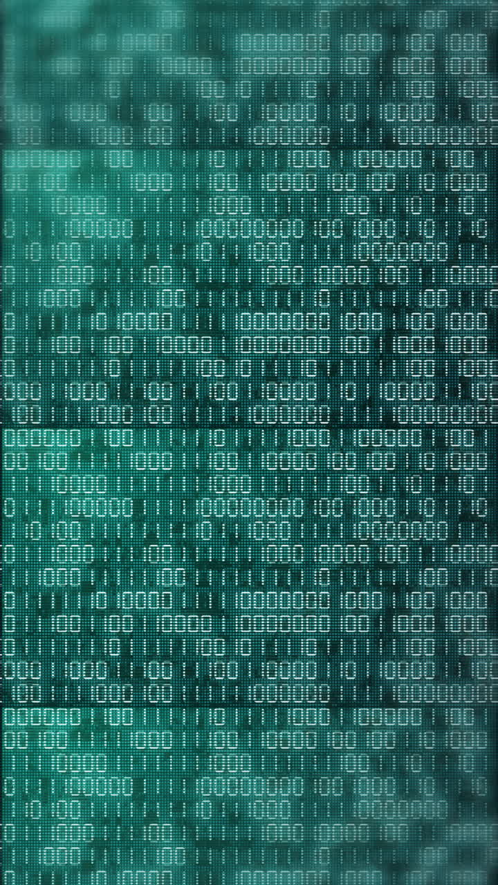 Electronic screen with changing binary code. Green computer display with flickering dots and pixels. Vertical video.