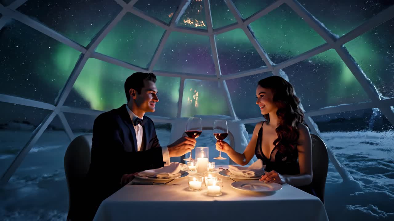 A Couple Enjoying a Romantic Dinner Under the Northern Lights in an Igloo