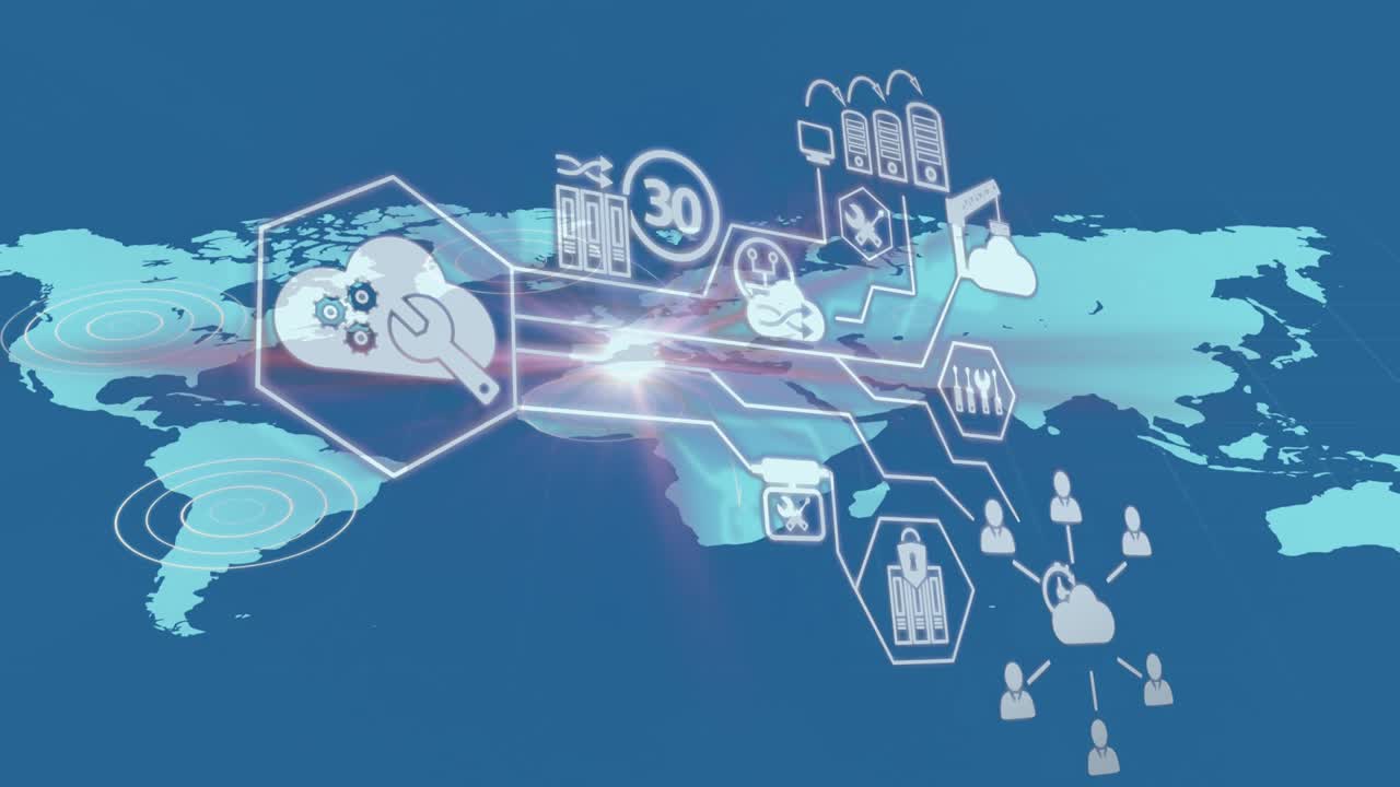 파란색 배경의 세계 지도 위에서 진동하는 원에 대한 디지털 아이콘을 가진 디지털 인터페이스