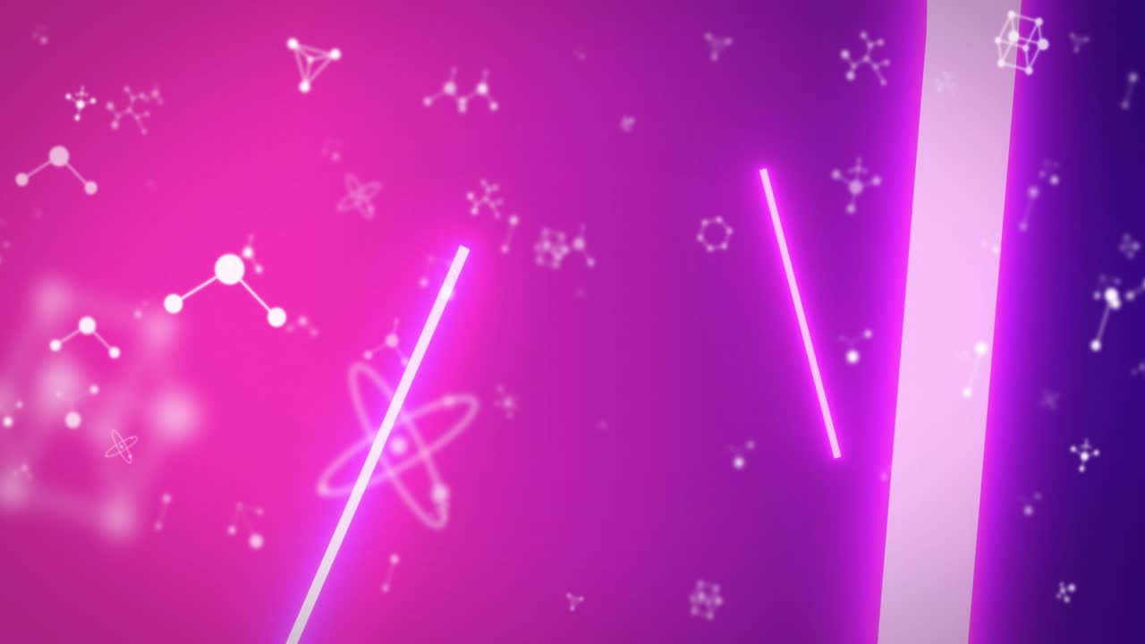 animación de moléculas que giran sobre rayas de neón brillantes