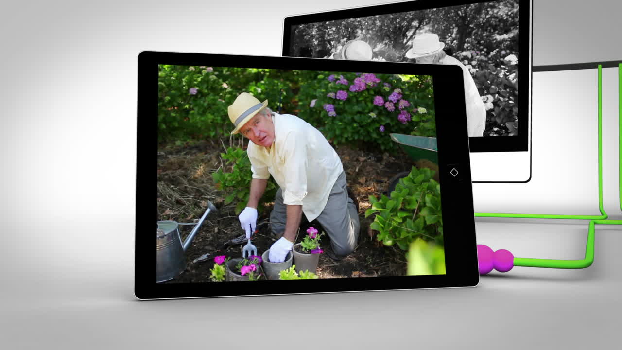 은퇴 한 부부 가 정원 을 가꾸고 있다