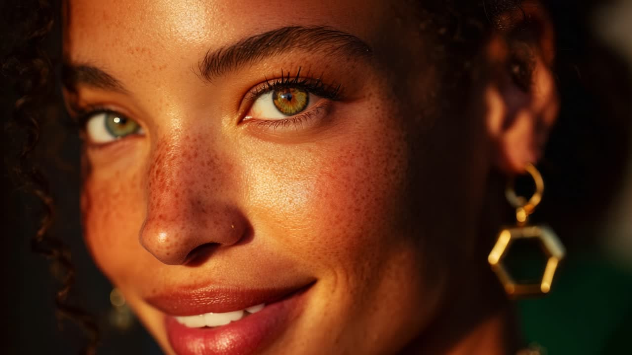 Captivating Portrait of a Young Woman with Striking Features, Radiant Eyes, Freckles, and Stylish Accessories, Captured in a Warm Glow of Natural Light for a Stunning Effect