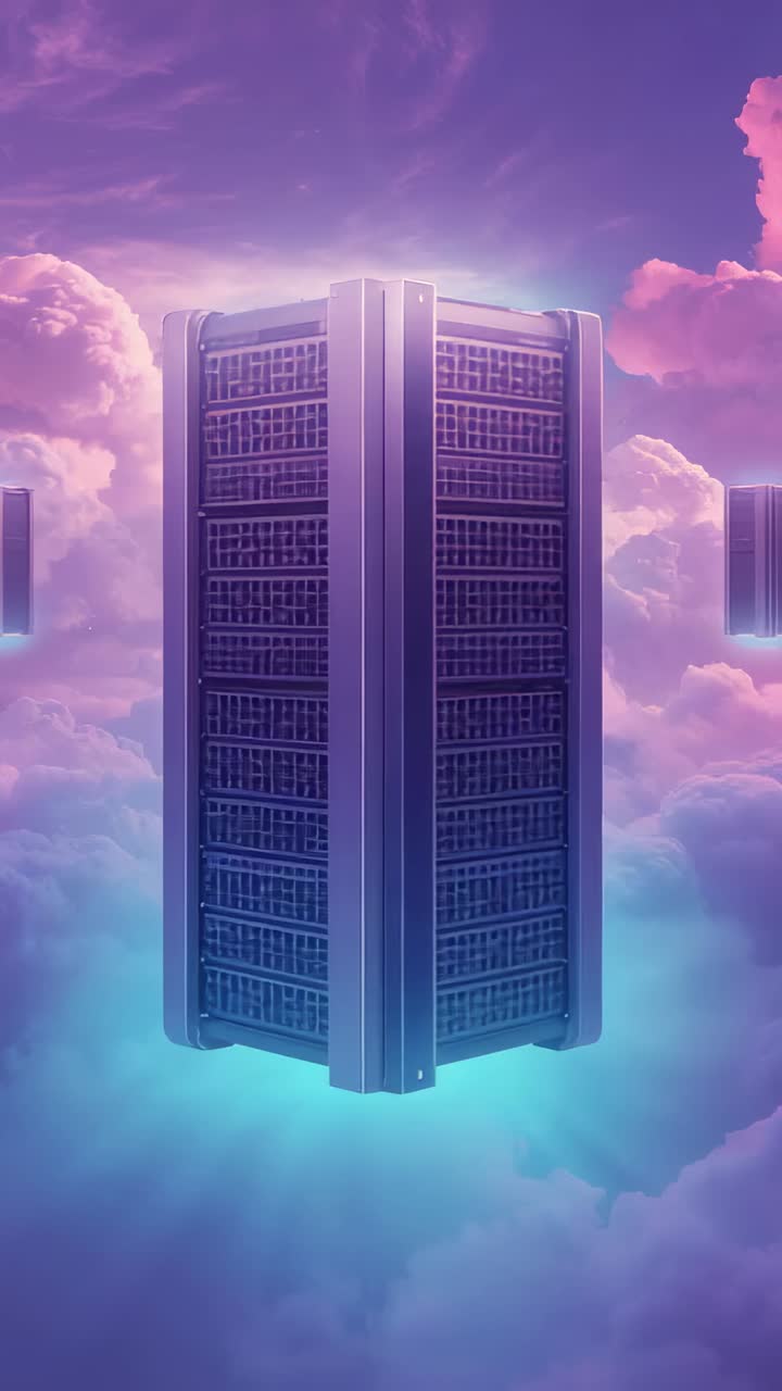 Vertical video: Panning shot revealing main server rack drifting over clouds, teal glow, columns