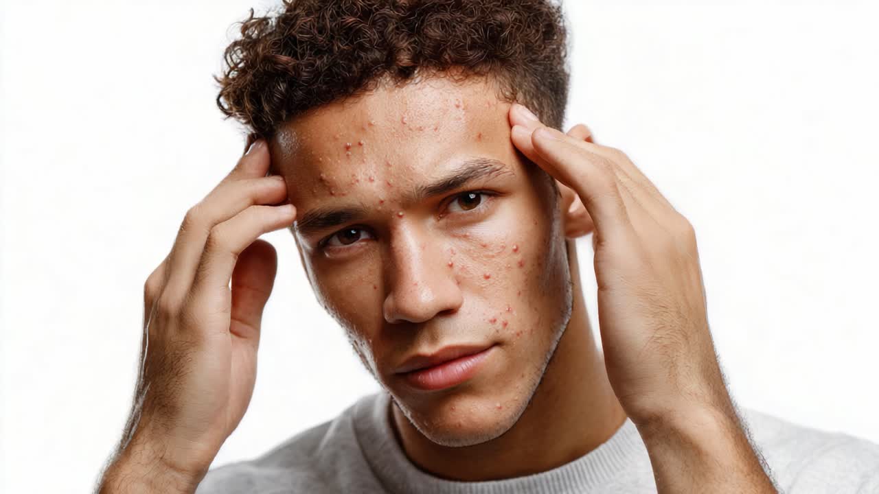 Struggles with Acne: Captivating Portrait of a Young Man Conveying Frustration and Emotion Through His Expressions in a Studio Setting