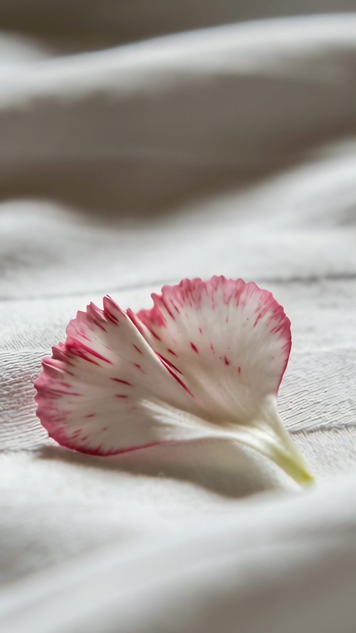Video verticale: Telecamera che si sposta e si concentra su un petalo con bordo rosa seghettato su un tessuto che mostra la trama.
