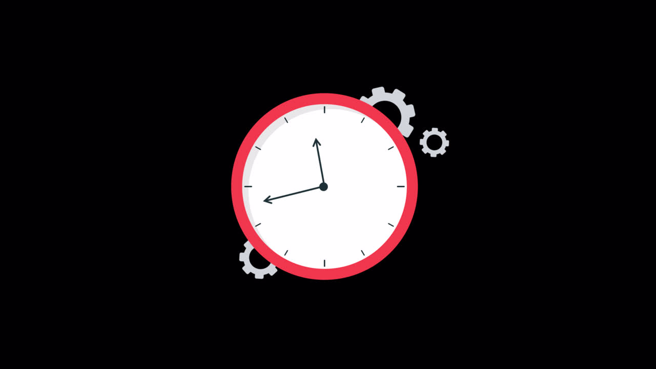 Animated Clock with Moving Hands and Rotating Gears on Black Background