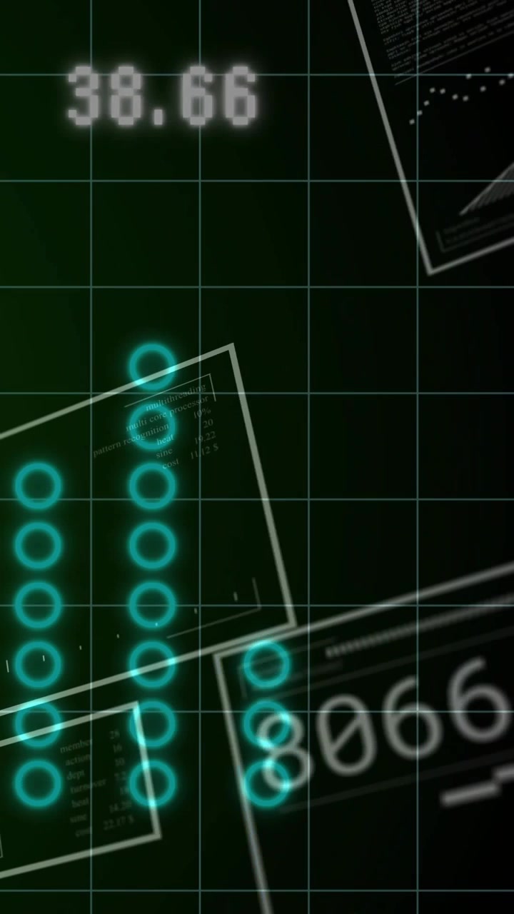 Video vertical: Lectura que asciende desde valores negativos, con marcadores de color verde azulado moviéndose y brillando en una cuadrícula para finanzas.