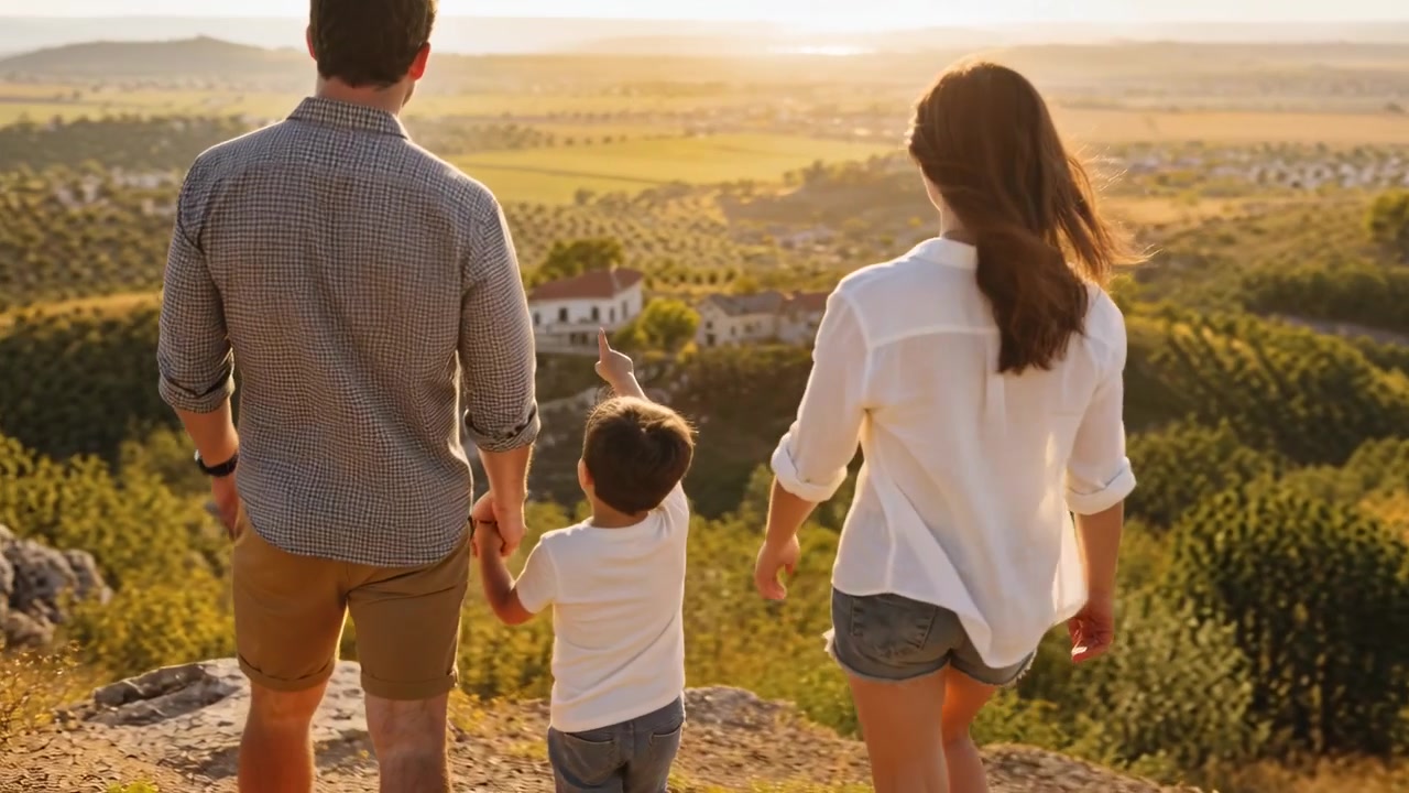 Familia caminando de la mano, el papá con camisa a cuadros explicando la casa de campo después de que el niño señalara algo en el acantilado.