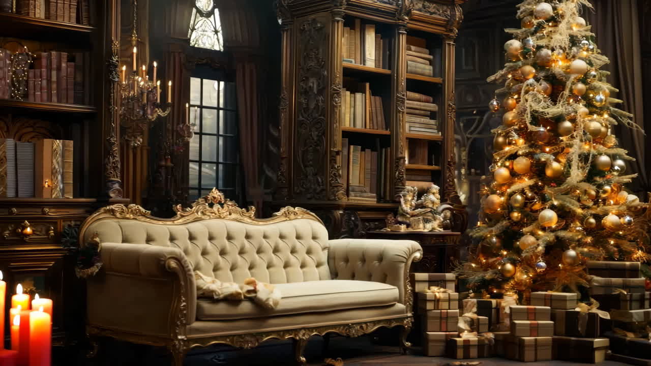 A cozy living room with a large Christmas tree and a white couch. The room is filled with books and presents, creating a warm and festive atmosphere
