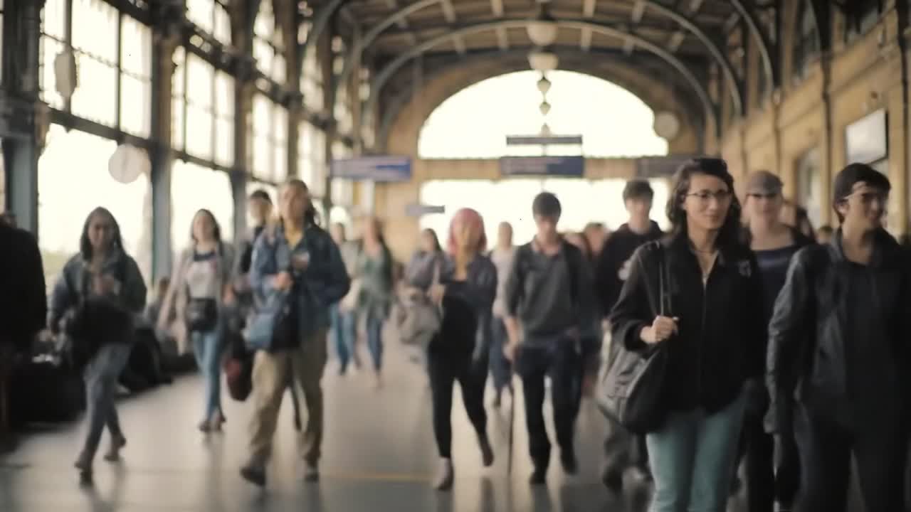 A bustling train station is alive with the energy of commuters and travelers moving purposefully. The diverse crowd reflects the vibrant atmosphere of daily life during peak hours.