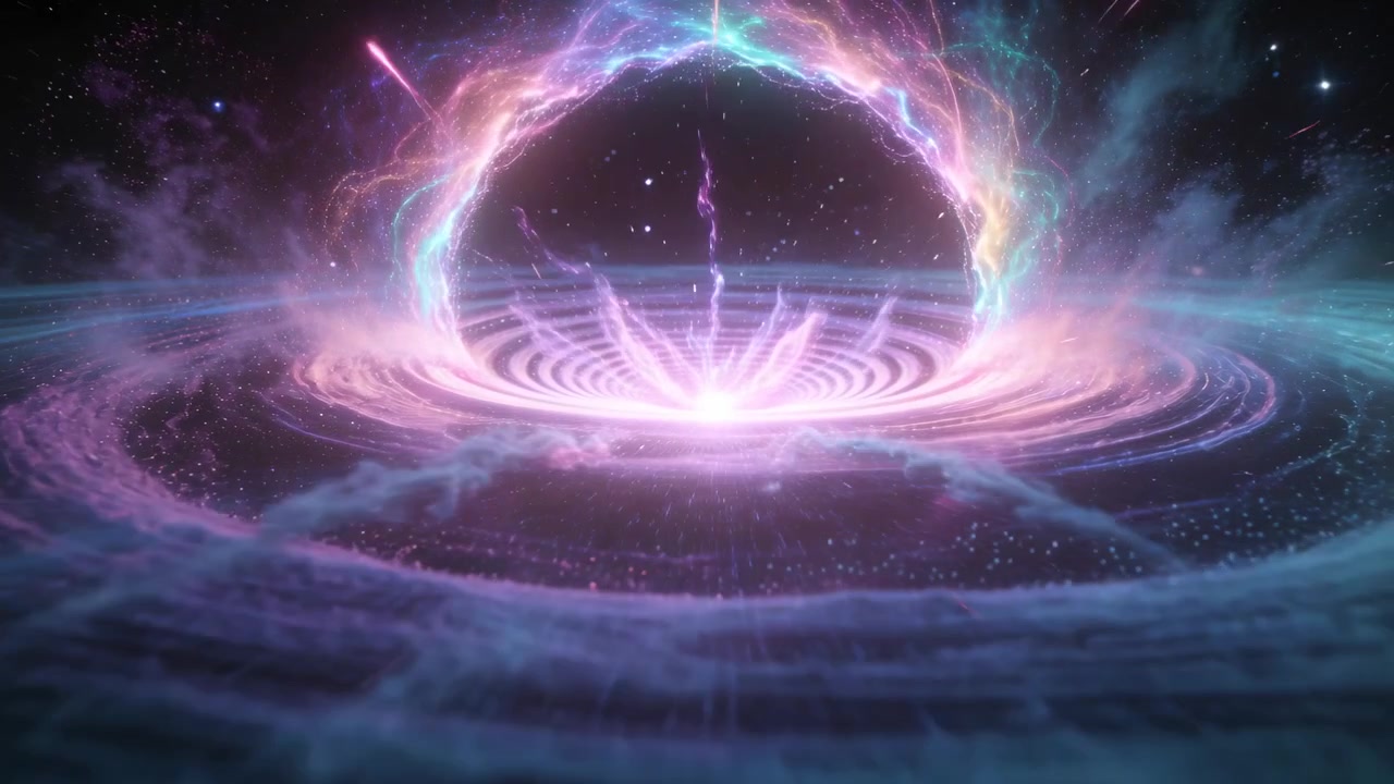 Opladende kerne driver portal, pulserer hen over spiralformet disk i stjernefelt, sender gnister, plasma.