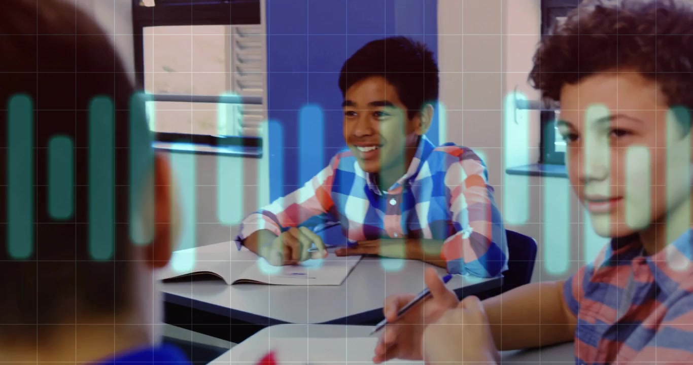 Teen girl raising hand during education class while peers listening and bar chart overlay animating