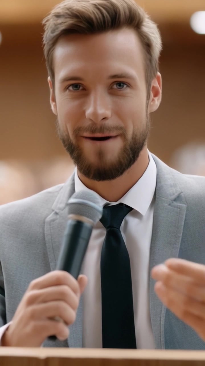 Confident Speaker Engaging the Audience: A Charismatic Presenter with a Microphone in a Professional Setting, Ready to Share Insights and Captivate Viewers