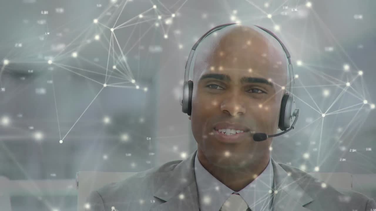 Animation of networks of connections over man wearing phone headset
